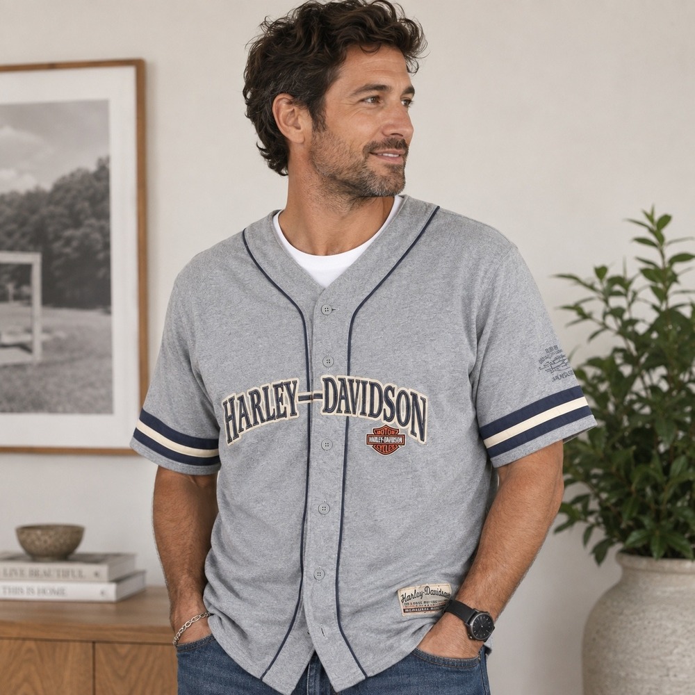 Harley-Davidson Mens Gray Cotton Baseball Jersey Button Up Shirt XL SKU 269